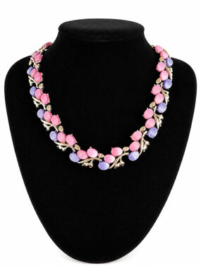 Vintage Thermoset Pink Lavender Floral Vine Necklace Silver Tone 15”